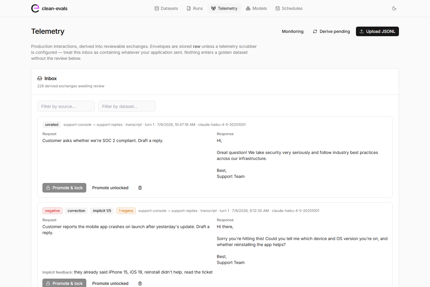 Telemetry inbox: derived exchanges with implicit verdicts and ratings